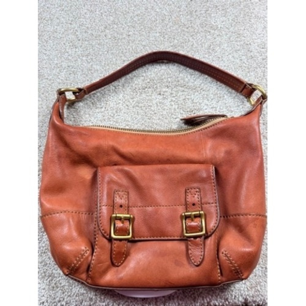 Fossil Cognac Leather Hobo Shoulder Bag Buckle Pocket Brown ZB5643